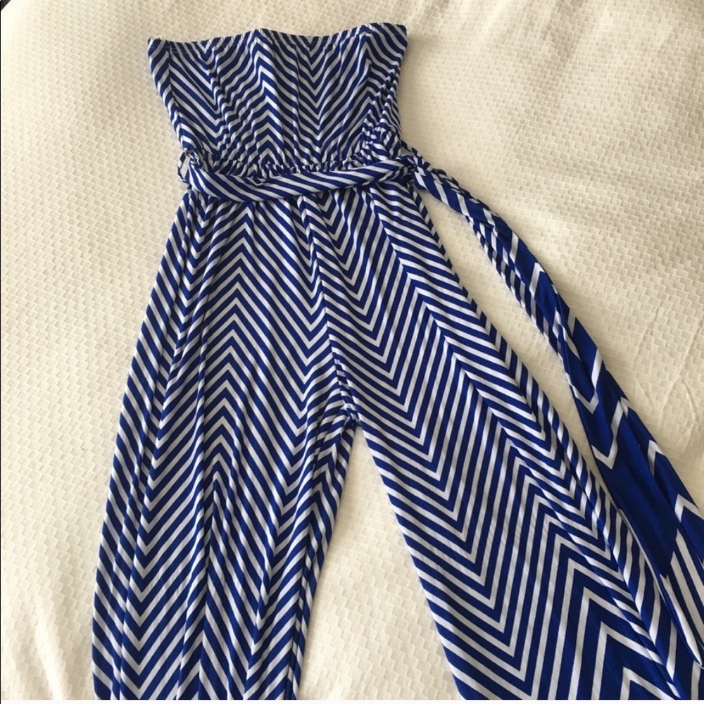 Blue & White Chevron Strapless Jumpsuit